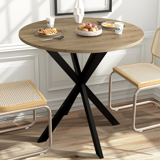31.5" Small round Dining Table for 2-4, Space Saving Circle Kitchen Dinner Table, Industrial Mid Century Modern Dining Room Desk for Kitchen, Apartment, Natural Oak