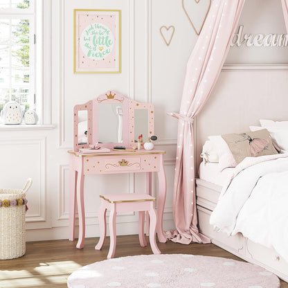 Pretend Play Kids Vanity Set with Mirror and Stool, Kids Make up Vanity Desk with Mirrror for Little Girls, Children Makeup Dressing Table with Drawer, Pink
