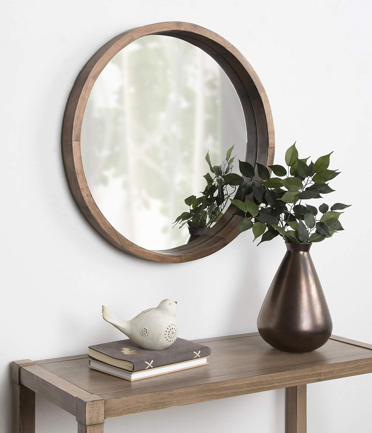 Hutton round Decorative Modern Wood Frame Wall Mirror, 22 Inch Diameter, Natural Rustic