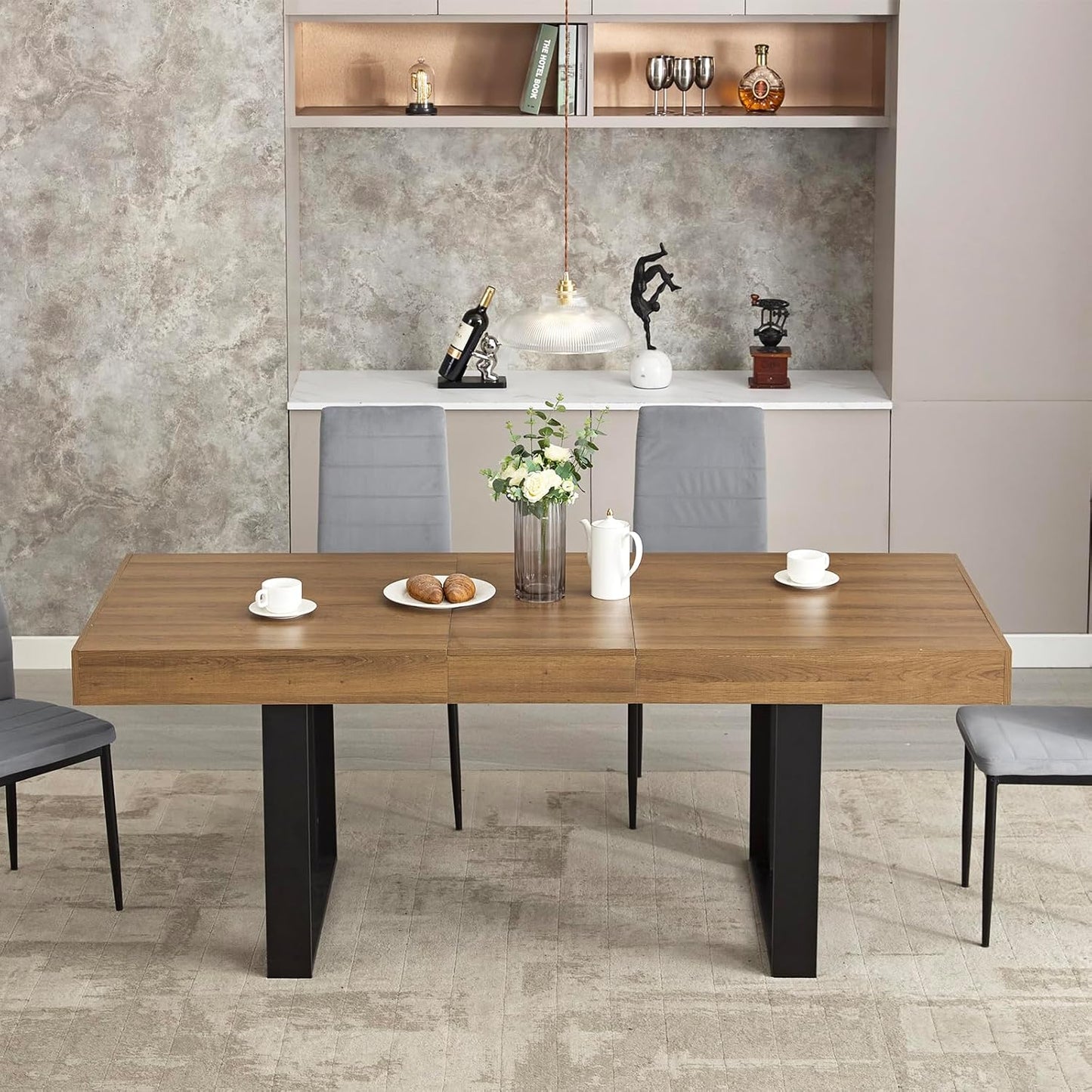 63”-79” Extendable Dining Room Table, Modern Farmhouse Wooden Kitchen Table, Long Expandable Dining Table for 6 8 10, Large Expanding Table Conference Tables (Rustic Oak)