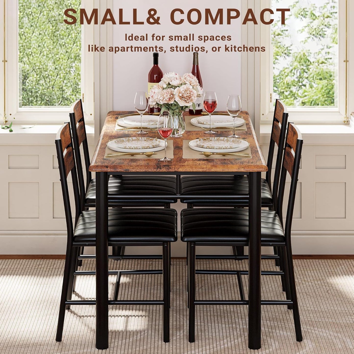 Dining Table Set for 4, Wood Kitchen Table with Upholstered Chairs for Kitchen Room and Small Spaces, Rustic Brown