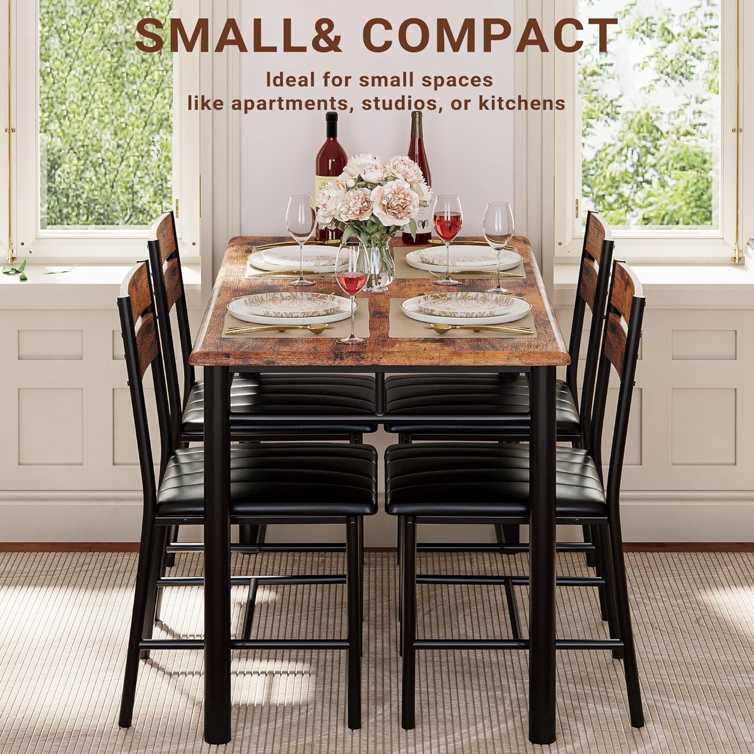 Dining Table Set for 4, Wood Kitchen Table with Upholstered Chairs for Kitchen Room and Small Spaces, Rustic Brown