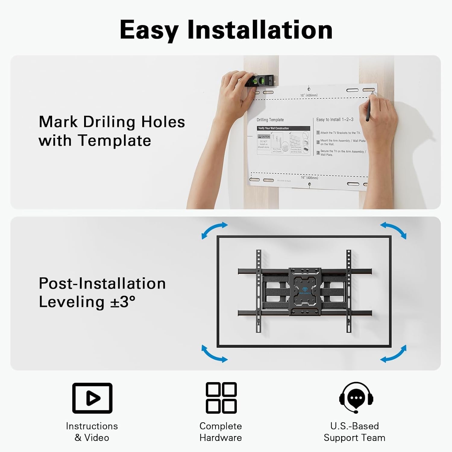 Full Motion TV Wall Mount for 37-75 Inch Tvs up to 132 Lbs, TV Mount with Swivel Articulating Arm, Wall Mount Bracket Fits 12"/16" Wood Studs, Tool-Free Tilt, Max Vesa 600X400Mm