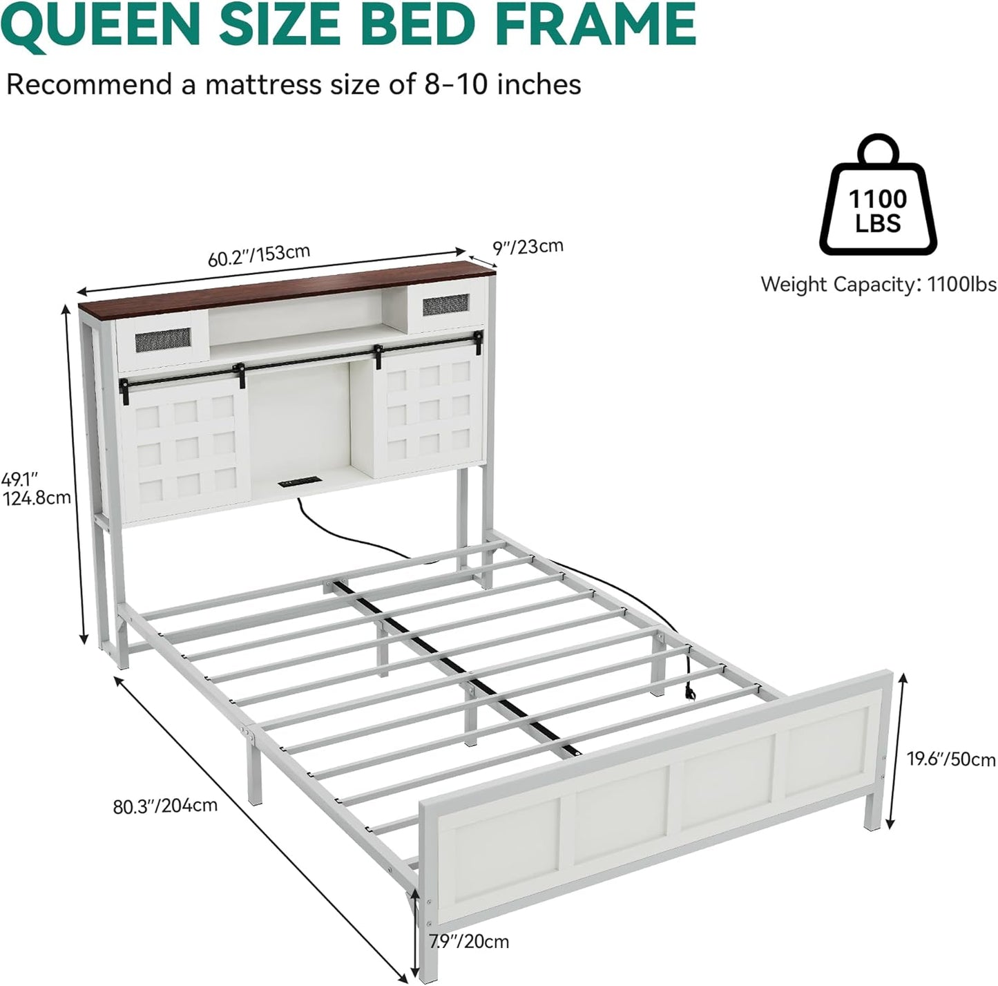 Farmhouse Bed Frame Queen Size, 49.14" Tall Storage Headboard, Led Light & Charging Station, Sliding Barn Door, Wooden Platform Bed Frame, Metal Slats Support, No Box Spring Needed, White