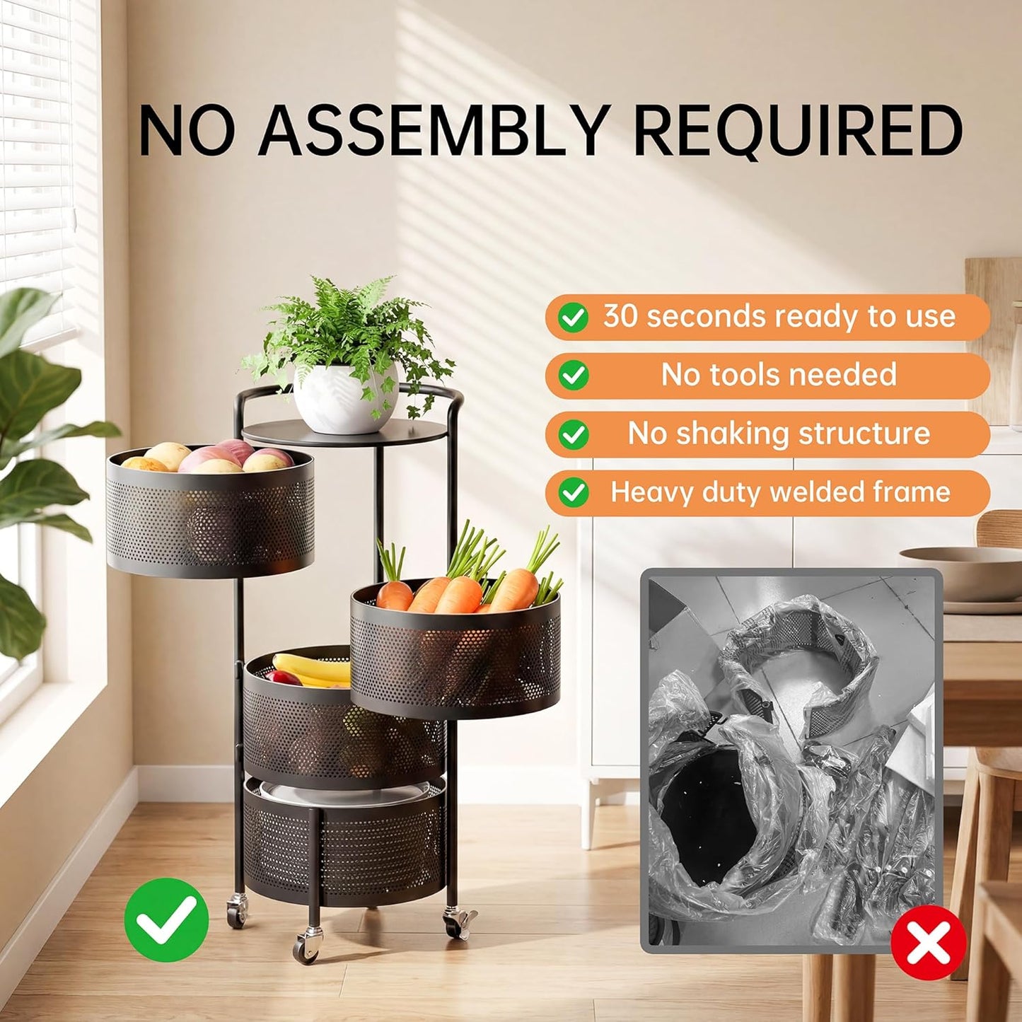 No Assembly Integrated Vegetable Storage Rack, 4-Tier Rotating Fruit Basket with Wheels, Solid Carbon Steel Kitchen Storage Cart for Potato Onion Produce, Fruteros Para Cocina, Black