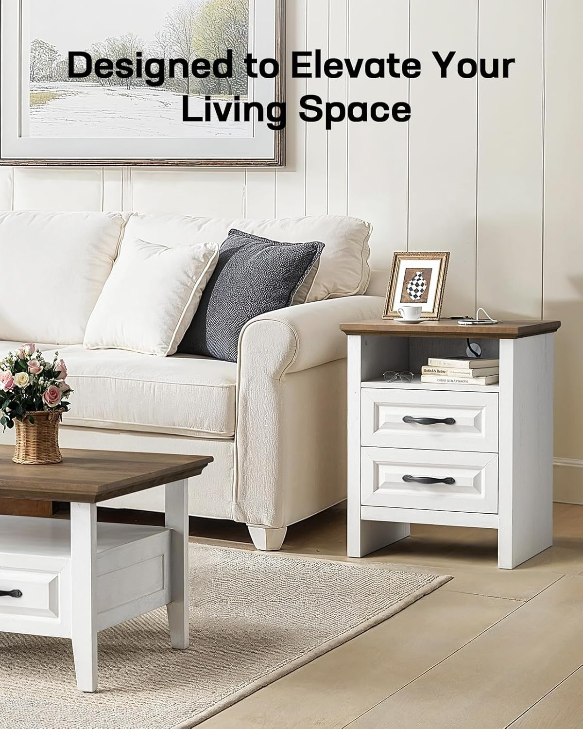 Nightstand Set of 2 for Bedroom, Night Stand with Charging Station, Bedside Table with 2 Drawers & Open Shelf, Farmhouse End Table Storage Cabinet, Wood White