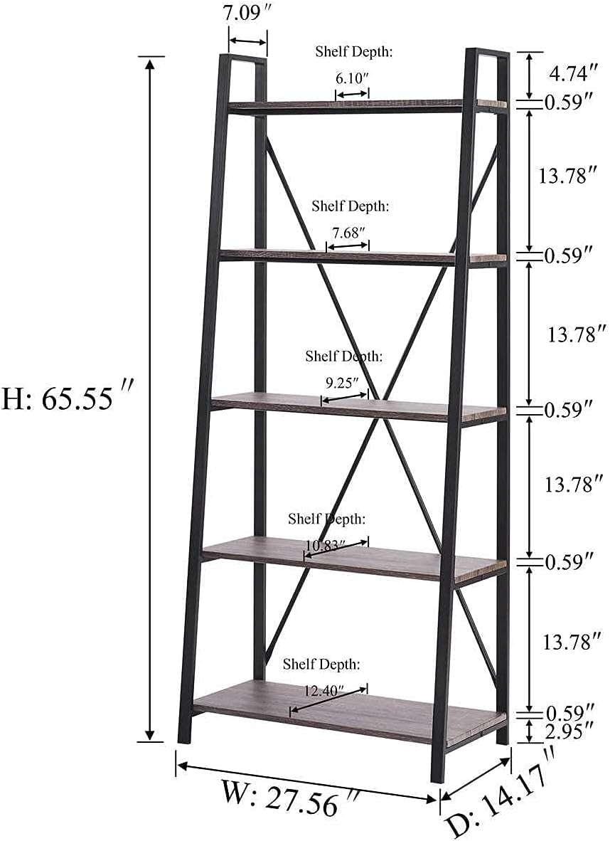 5-Tier Ladder Shelf, Industrial Leaning Bookcase, Wood and Metal Ladder Bookshelf for Living Room, Bedroom, Kitchen, Home Office (Grey Oak)