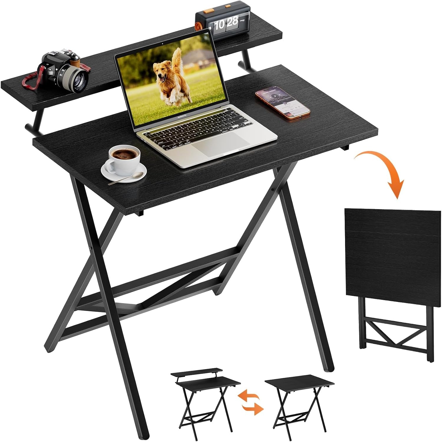 Folding Computer Desk with Adjustable Height, 23.6" X 31.5" X 25.6" Foldable Table with Monitor Stand, Small Office Desk for Bedroom, Space Saving Desk for Home Office, Easy Assemble, Black