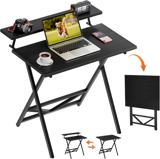 Folding Computer Desk with Adjustable Height, 23.6" X 31.5" X 25.6" Foldable Table with Monitor Stand, Small Office Desk for Bedroom, Space Saving Desk for Home Office, Easy Assemble, Black
