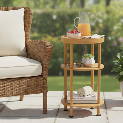 Bamboo Side Table, 3-Tier round End Table with Tray Top, Bathroom Storage Shelf & Plant Stand Indoor, Small Bedside Table Nightstand for Living Room, Bedroom-Brown