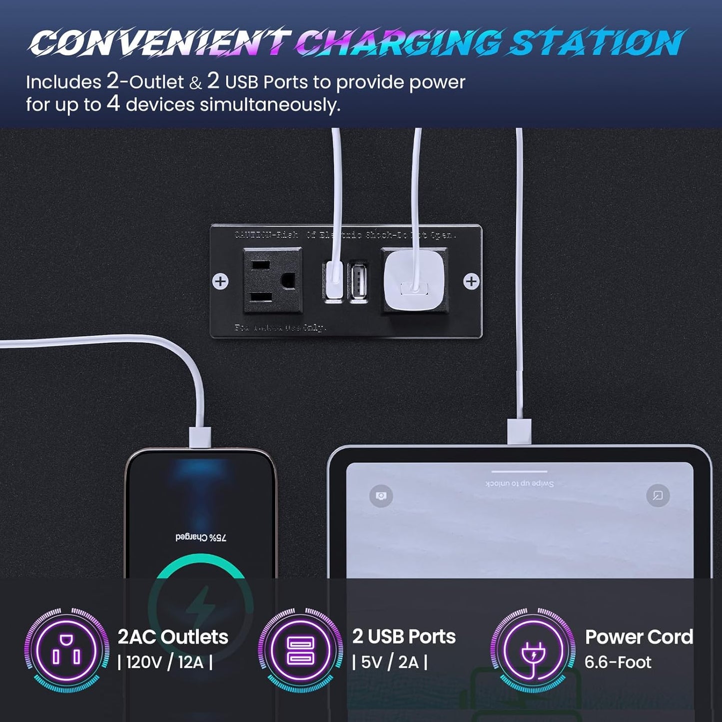 Gaming Desk 70.8'' with LED Lights and Storage Shelves, Computer Desk with Monitor Stand, Power Outlets and Cup Holder, Large PC Gamer Desk, Gaming Table for Bedroom, Living Room, Black