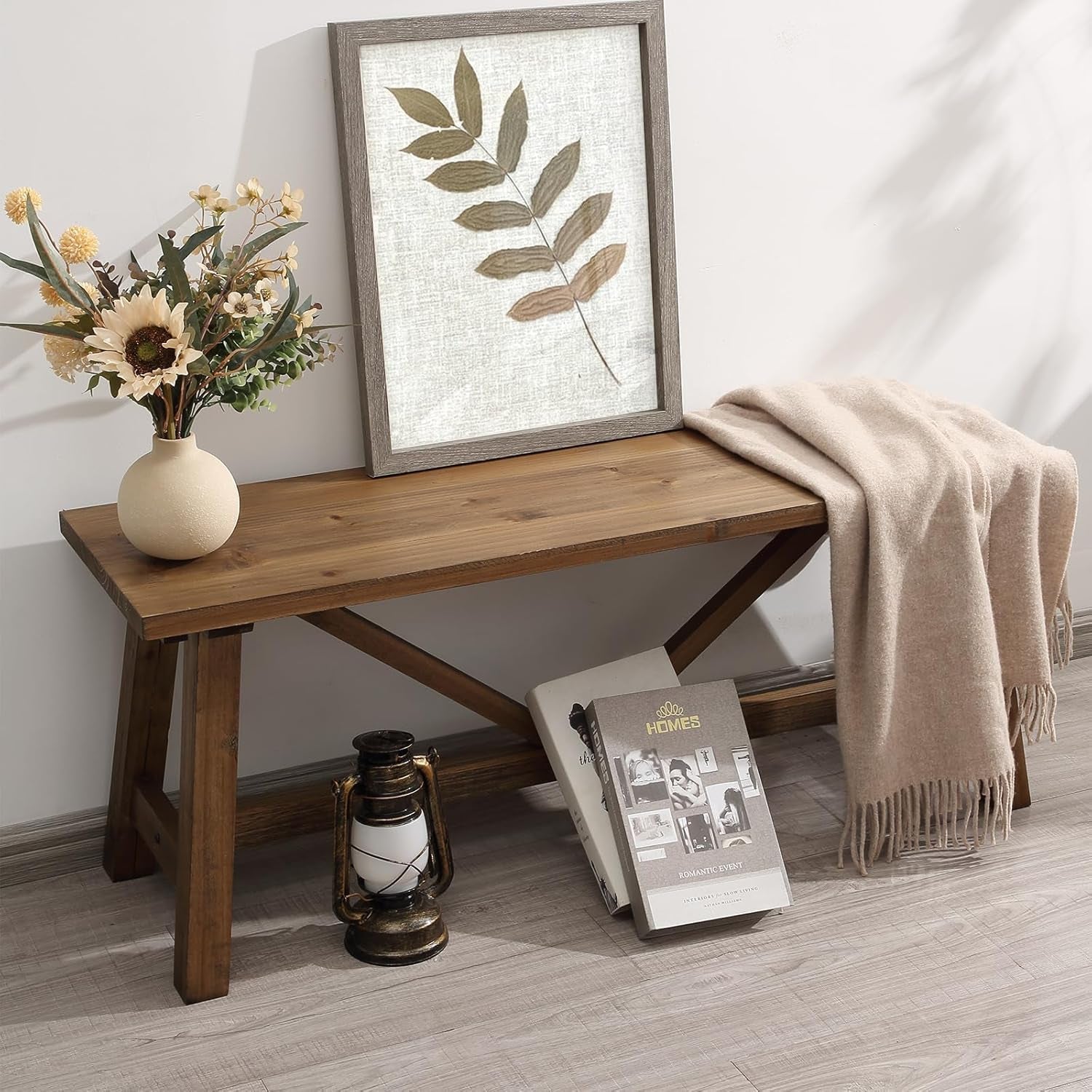43" Farmhouse Wood Bench, Narrow Bench, Long Bench Seat for Entryway, Living Room, Dining Room, Solid Wood, Natural