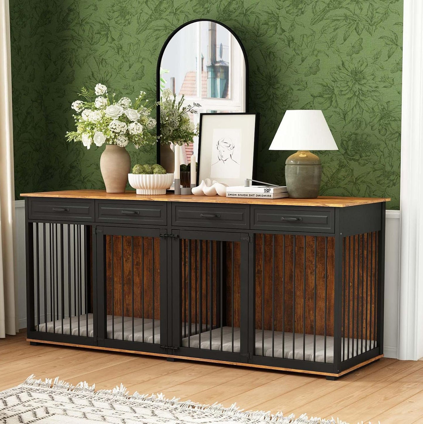 Large Dog Crate Furniture, 86.6 Inch Wooden Dog Kennel with Drawers & Divider, Heavy Duty Indoor Furniture Style Dog House with Double Rooms for Large Medium Small Dogs, Brown+Black