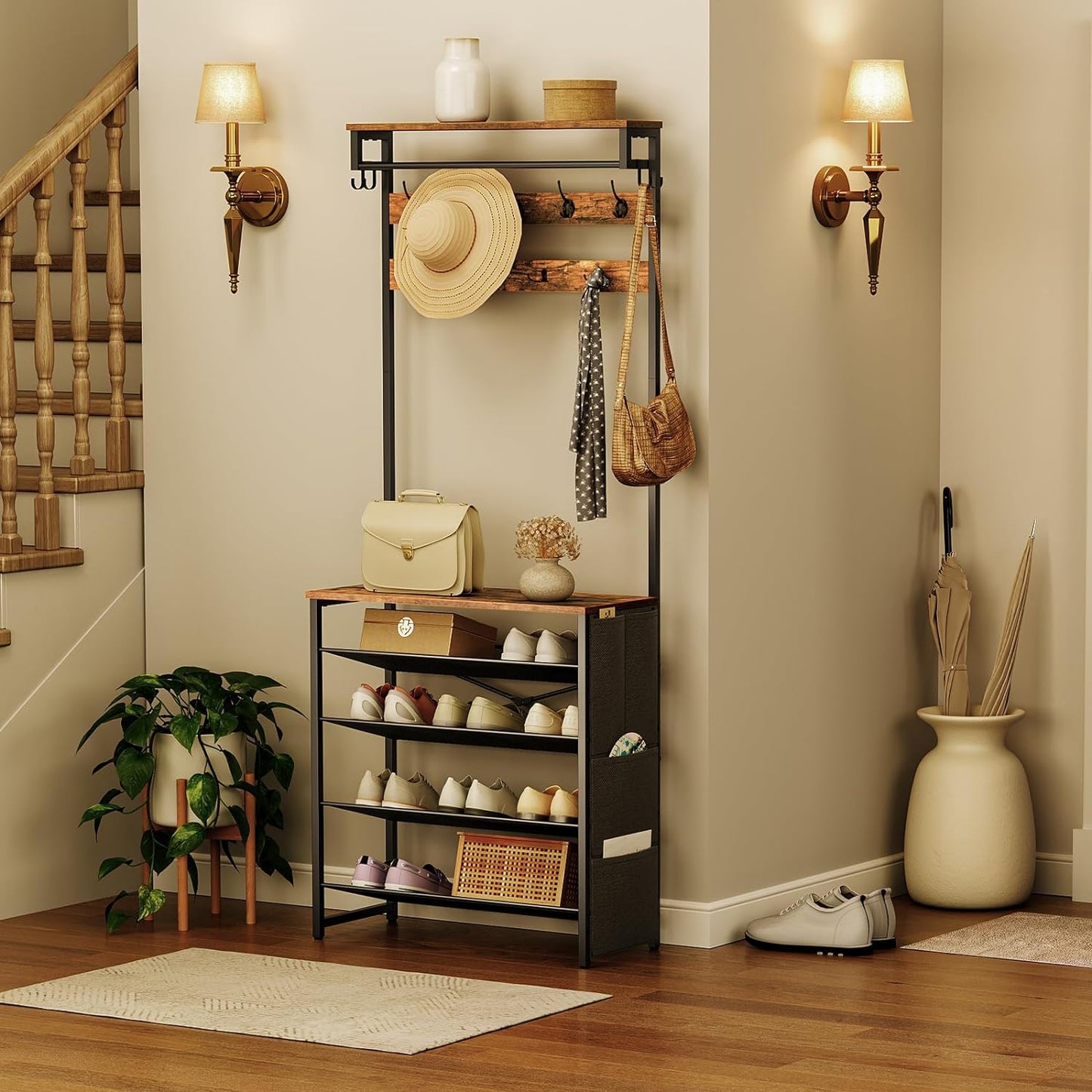 Hall Tree with Bench, Entryway Coat Rack with Shoe Rack, Shoe and Coat Rack, 5 Tier Shoe Storage Organizer with Oxford Fabric Side Pockets, Adjustable Mesh Shelves, Rustic Brown BF75MT01