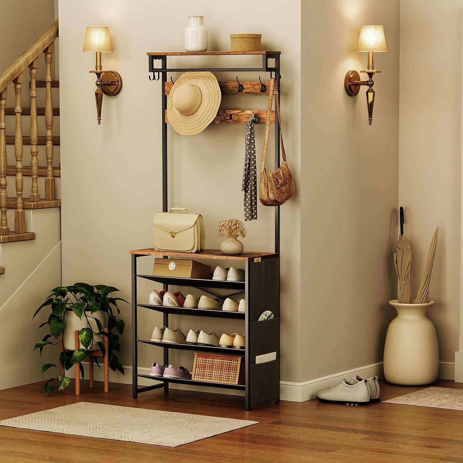 Hall Tree with Bench, Entryway Coat Rack with Shoe Rack, Shoe and Coat Rack, 5 Tier Shoe Storage Organizer with Oxford Fabric Side Pockets, Adjustable Mesh Shelves, Rustic Brown BF75MT01
