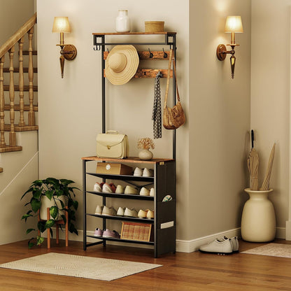Hall Tree with Bench, Entryway Coat Rack with Shoe Rack, Shoe and Coat Rack, 5 Tier Shoe Storage Organizer with Oxford Fabric Side Pockets, Adjustable Mesh Shelves, Rustic Brown BF75MT01