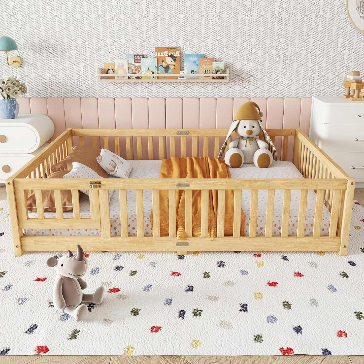 Full Size Floor Bed with Slats and Safety Guardrail, Full Size Montessori Floor Bed with Fence and Door, Easy Assemble Montessori Beds for Kids, Girls, Boys, Natural