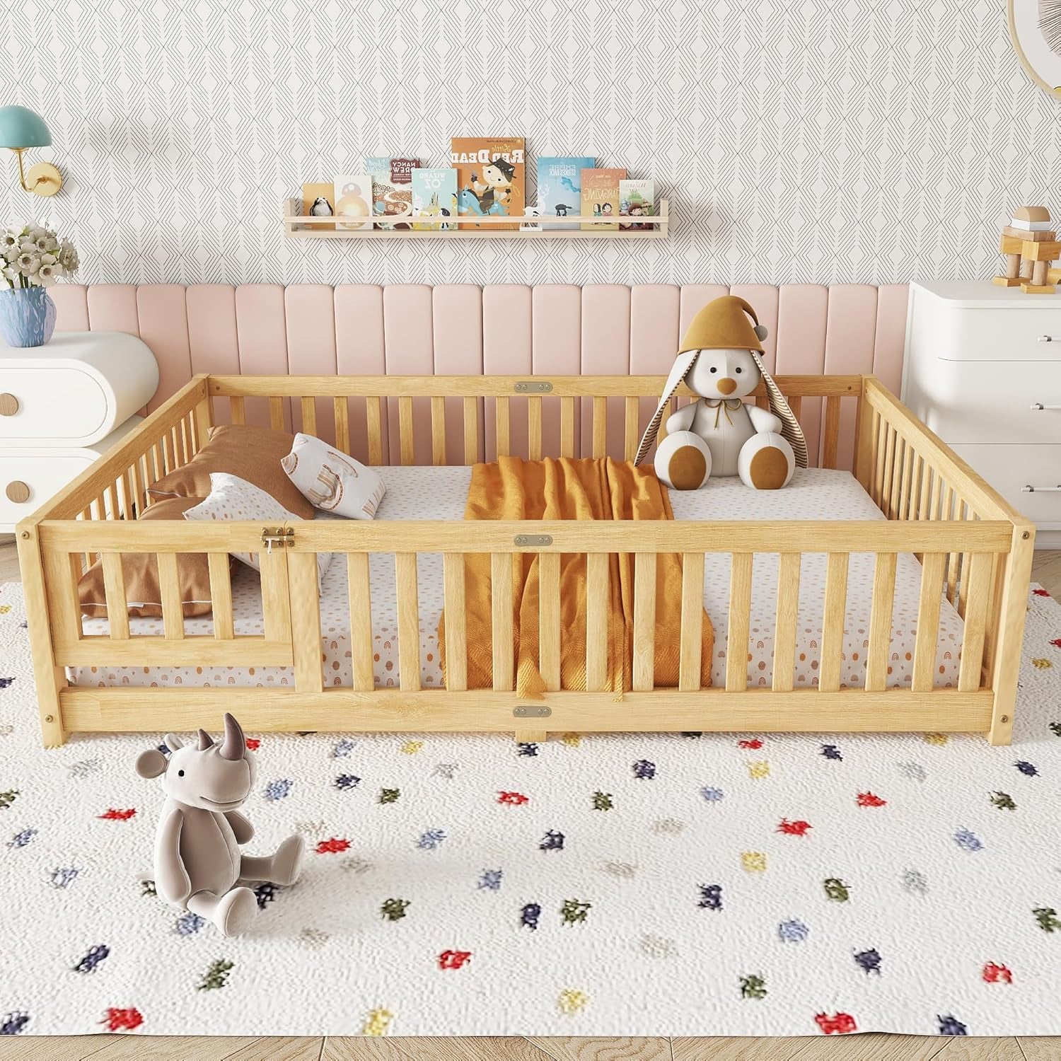 Full Size Floor Bed with Slats and Safety Guardrail, Full Size Montessori Floor Bed with Fence and Door, Easy Assemble Montessori Beds for Kids, Girls, Boys, Natural