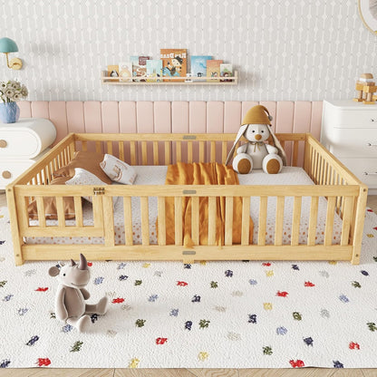Full Size Floor Bed with Slats and Safety Guardrail, Full Size Montessori Floor Bed with Fence and Door, Easy Assemble Montessori Beds for Kids, Girls, Boys, Natural
