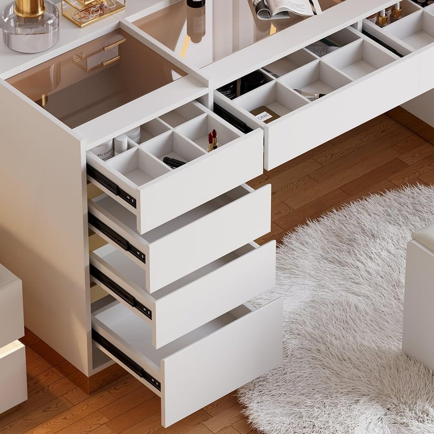 Vanity Desk Set with LED Mirror, Makeup Vanity with Power Outlet and Tempered Glass Top, Makeup Table with 6 Drawers, 3 Lighting Modes Vanity Table with Chair for Bedroom (White)