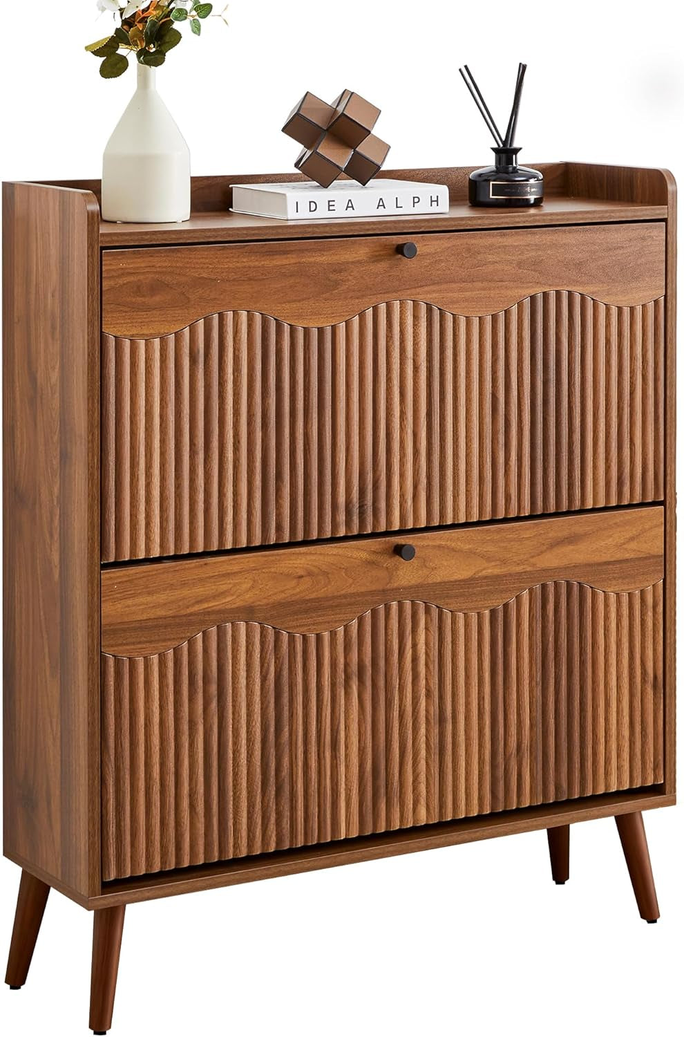 31.5" Fluted Shoe Storage Cabinet with 2 Flip Drawers, Narrow Shoe Storage Organizer Rack with Wave Door for Entryway, Hallway, Living Room