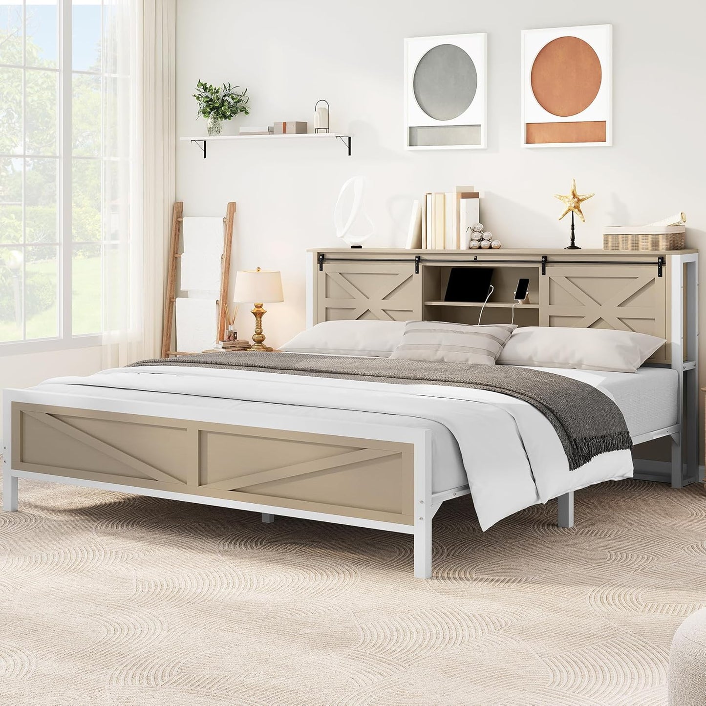 ​Farmhouse King Size Bed Frame with Headboard, Bookcase Storage Shelves, Sliding Barn Door, Charging Station, Rustic Wood Platform Bed, No Box Spring Needed, Oak