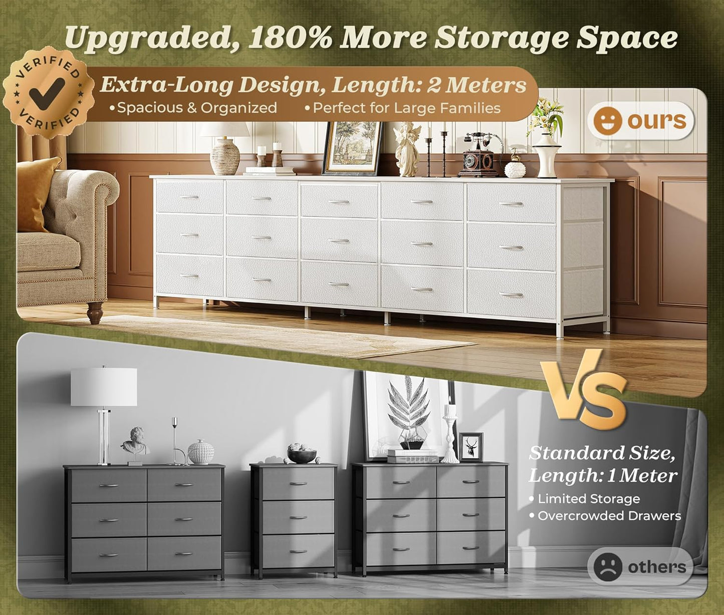 78.7 Inch Long Dresser for Bedroom, 15 Drawer Fabric Dresser for Closet, Large TV Stand for 65, 75, 85 Inch TV, Wide Chest of Drawer with Storage, 78.7" W X 12.9" D X 26.7" H, White