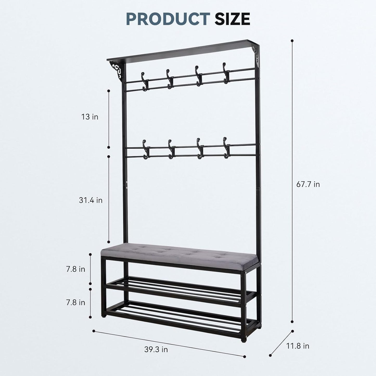 4-In-1 Entryway Hall Tree with Bench & Shoe Storage, 39.3" Multifunctional Coat Rack Organizer for Mudroom, Entryway Furniture with Adjustable Cushion, 400 Lb Weight Capacity.