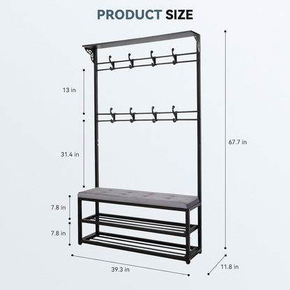 4-In-1 Entryway Hall Tree with Bench & Shoe Storage, 39.3" Multifunctional Coat Rack Organizer for Mudroom, Entryway Furniture with Adjustable Cushion, 400 Lb Weight Capacity.