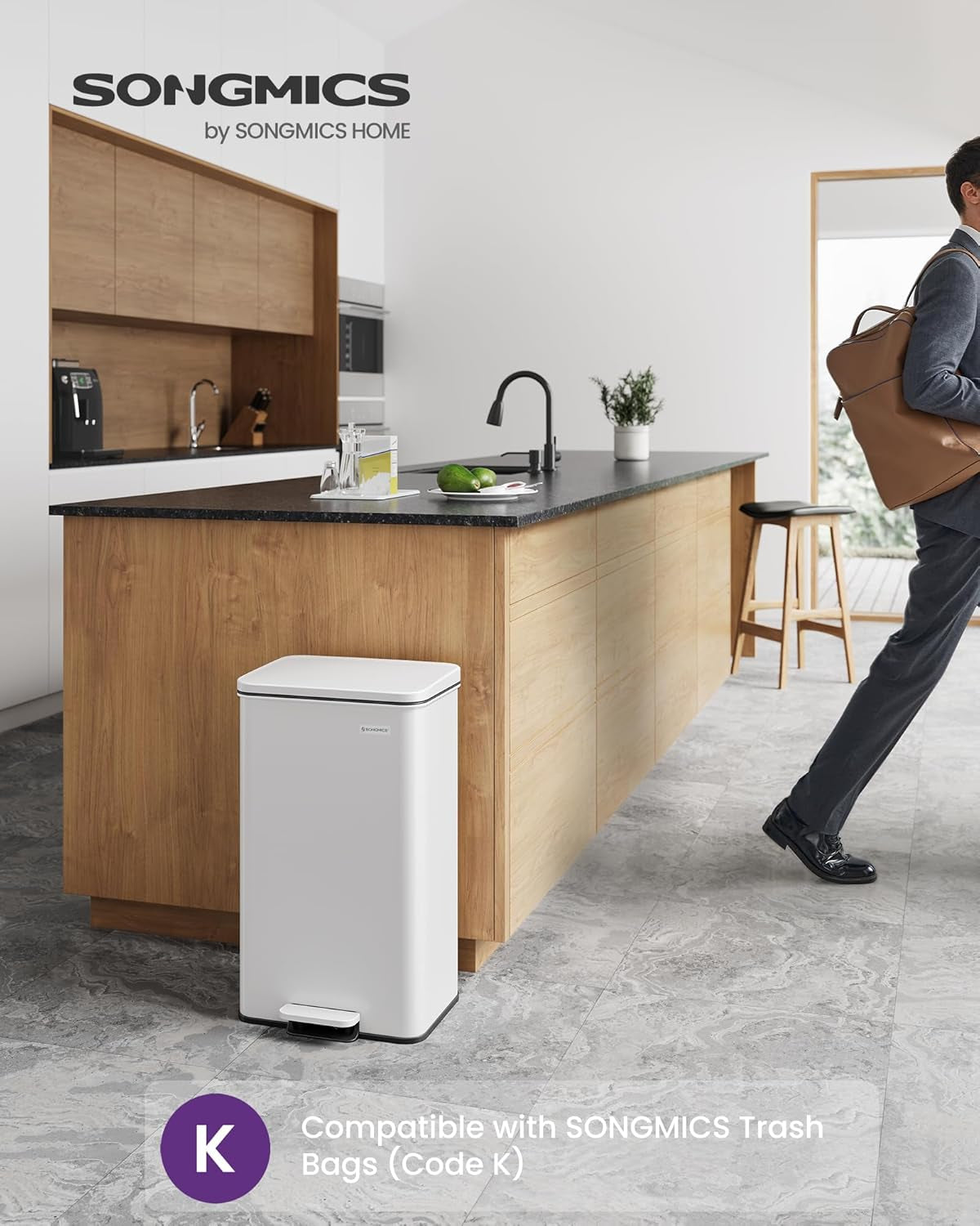 Kitchen Trash Can, 10.5 Gallon (40 L) Garbage Can, Large Step Trash Bin with Lid, Stainless Steel, Soft Close, 15 Trash Bags Included, White ULTB540W40