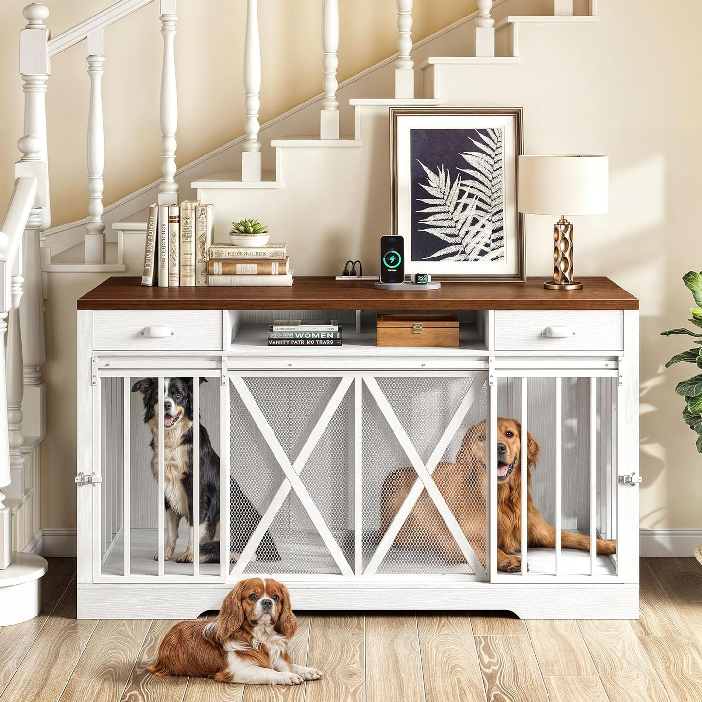 63 Inch Double Dog Crate TV Stand with Charging Station, Heavy Duty Wooden Dog Crate Furniture for 2 Dogs, Dog Kennel Indoor Furniture Double Sliding Barn Door Design Ideal for 2 Dogs, White