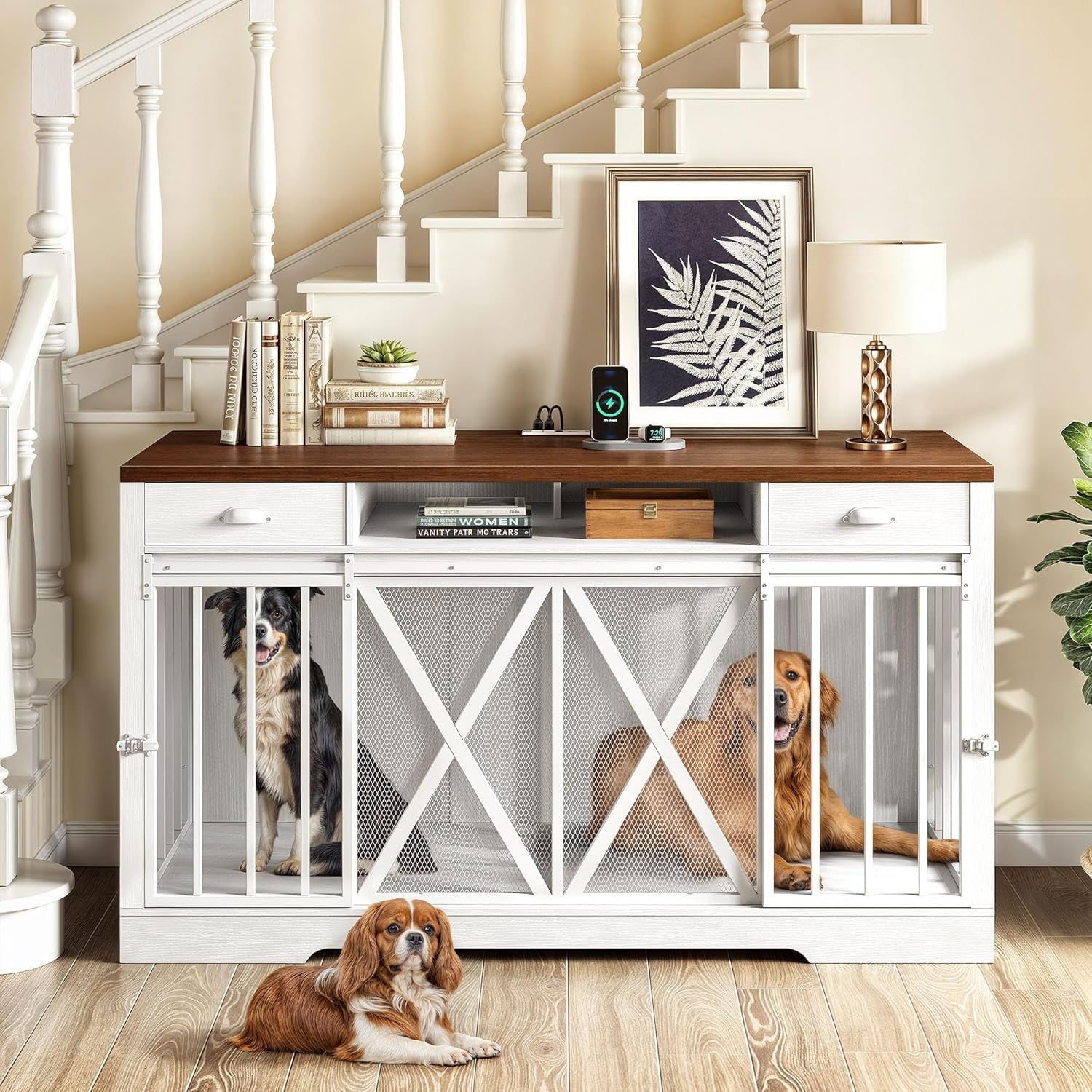 63 Inch Double Dog Crate TV Stand with Charging Station, Heavy Duty Wooden Dog Crate Furniture for 2 Dogs, Dog Kennel Indoor Furniture Double Sliding Barn Door Design Ideal for 2 Dogs, White