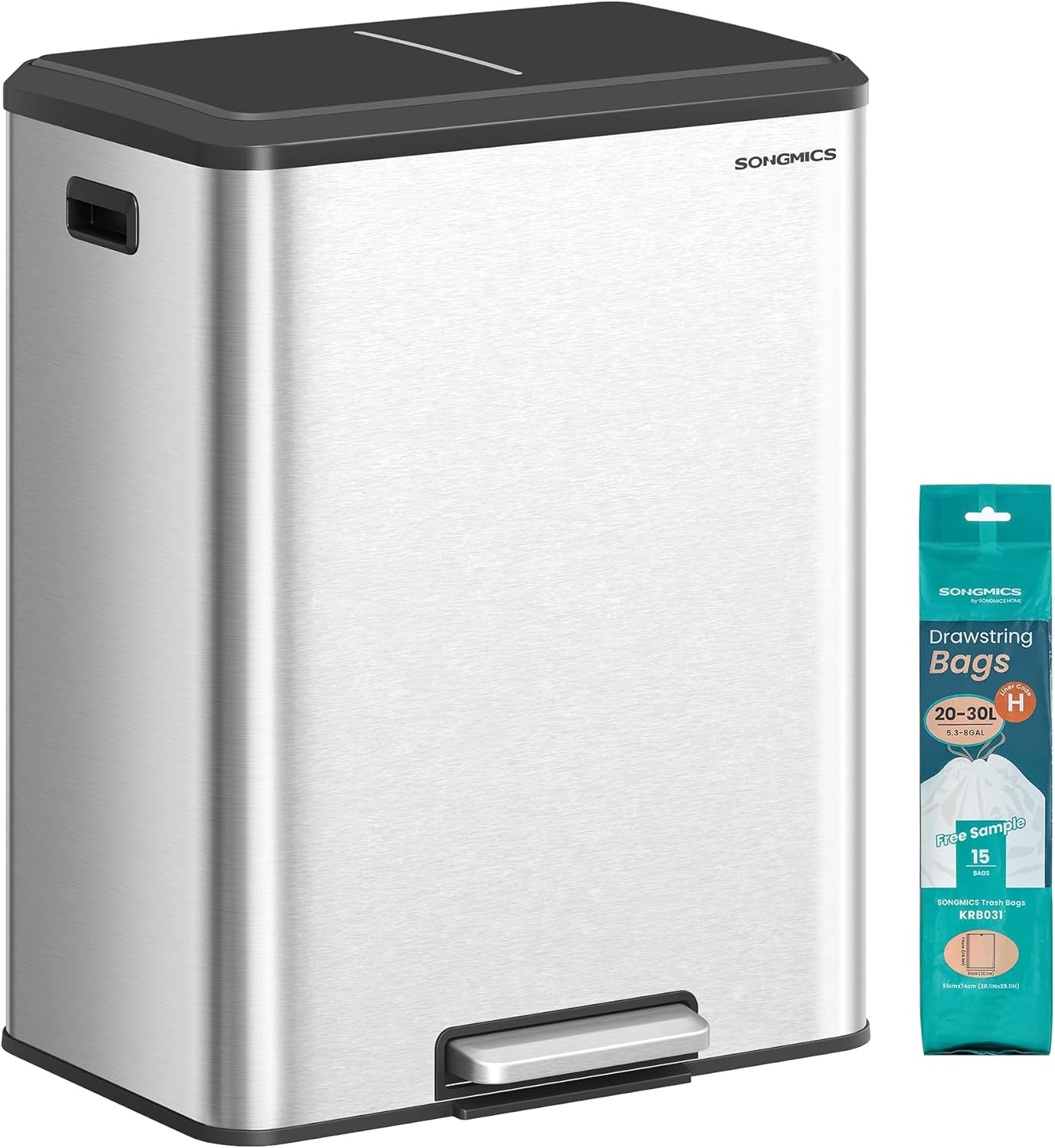 Trash Can, 2 X 8 Gallon (2 X 30 L) Double Garabge Can for Recycling and Waste, Stainless Steel, Soft-Close Lid, Inner Buckets, Wide Sturdy Pedal, Cloud White ULTB556W01