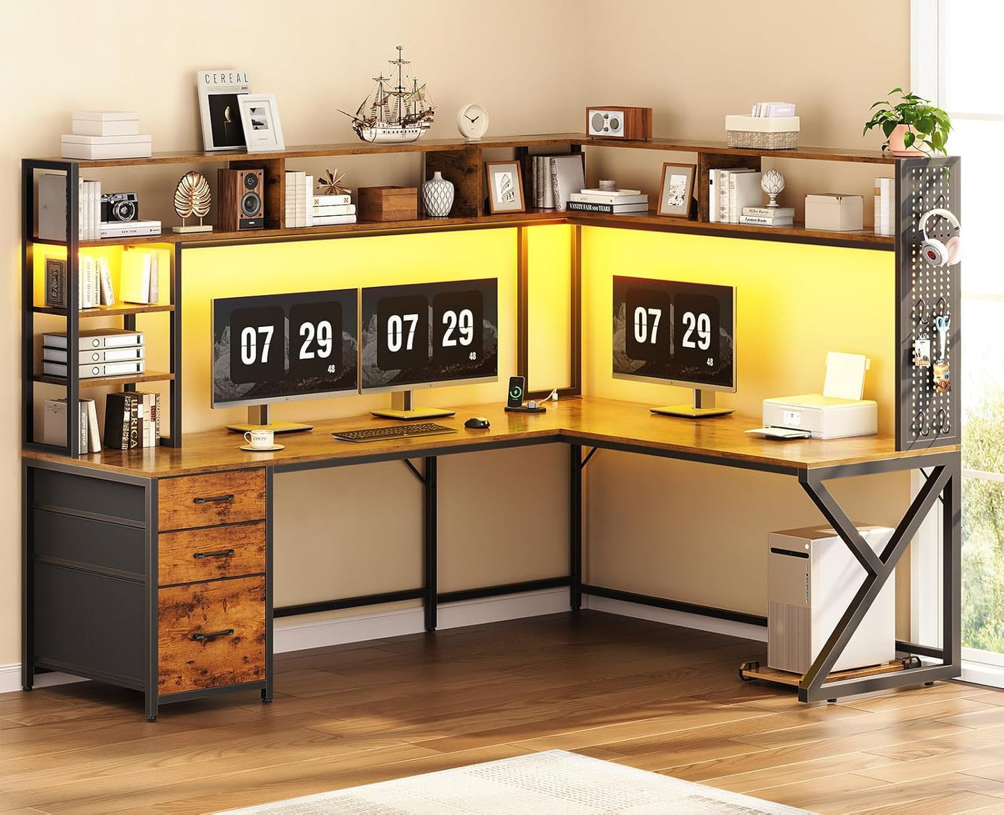 L Shaped Desk with Hutch and 3 Drawers, Convertible 94.5" Computer Desk with File Drawer, L Shaped Office Desk with Power Outlet, LED Lights, Storage and Pegboard for Home Office, Brown