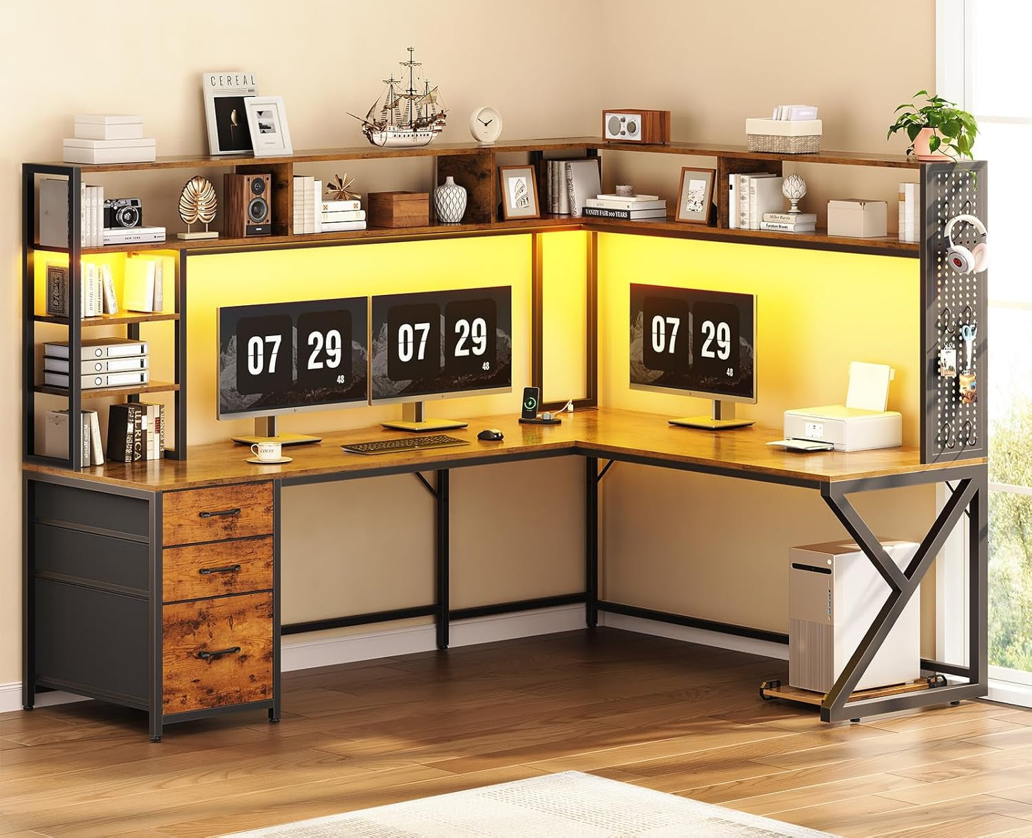 L Shaped Desk with Hutch and 3 Drawers, Convertible 94.5" Computer Desk with File Drawer, L Shaped Office Desk with Power Outlet, LED Lights, Storage and Pegboard for Home Office, Brown