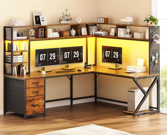 L Shaped Desk with Hutch and 3 Drawers, Convertible 94.5" Computer Desk with File Drawer, L Shaped Office Desk with Power Outlet, LED Lights, Storage and Pegboard for Home Office, Brown