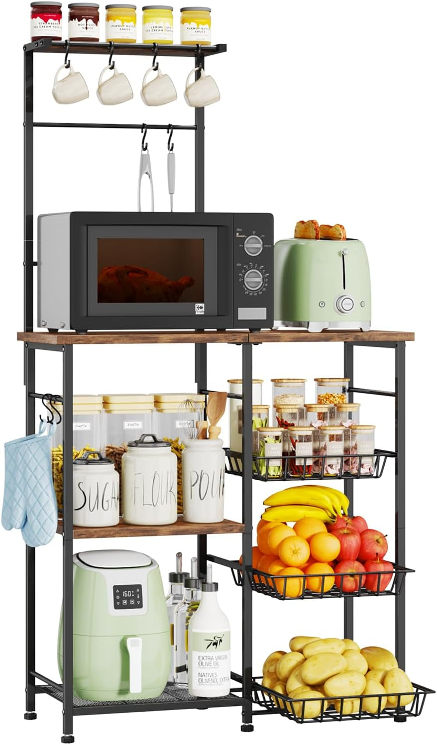 Bakers Rack with Storage - Coffee Bar Cabinet with Shelves, Coffee Station Organizer and Kitchen Stand with 8 Hooks, Baskets, Adjustable Feet for Kitchen Dining Room Pantry, Espresso