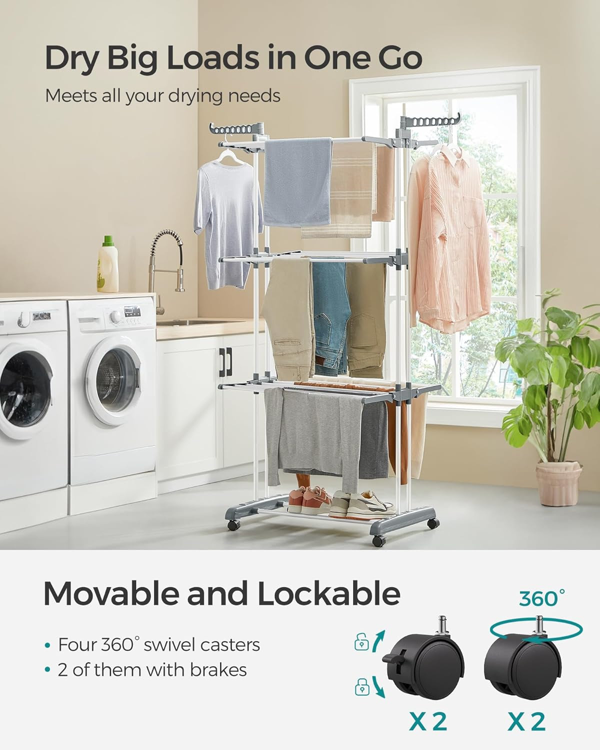 Clothes Drying Rack Stand 4-Tier, Foldable Laundry Drying Rack 68.1-Inch Tall, Steel, Rolling Clothes Horses Dryer Rack, Easy to Assemble, Indoor Outdoor Use, White ULLR701W01