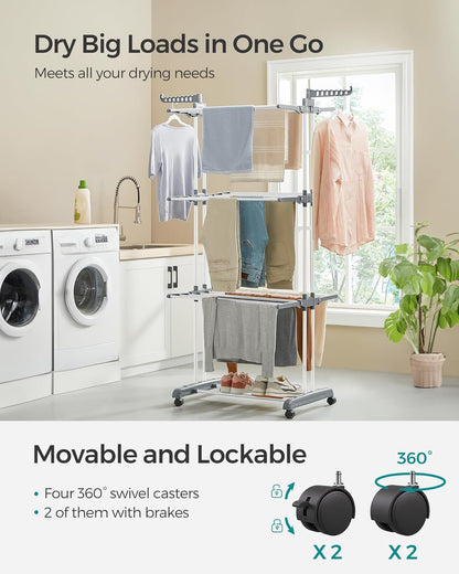 Clothes Drying Rack Stand 4-Tier, Foldable Laundry Drying Rack 68.1-Inch Tall, Steel, Rolling Clothes Horses Dryer Rack, Easy to Assemble, Indoor Outdoor Use, White ULLR701W01