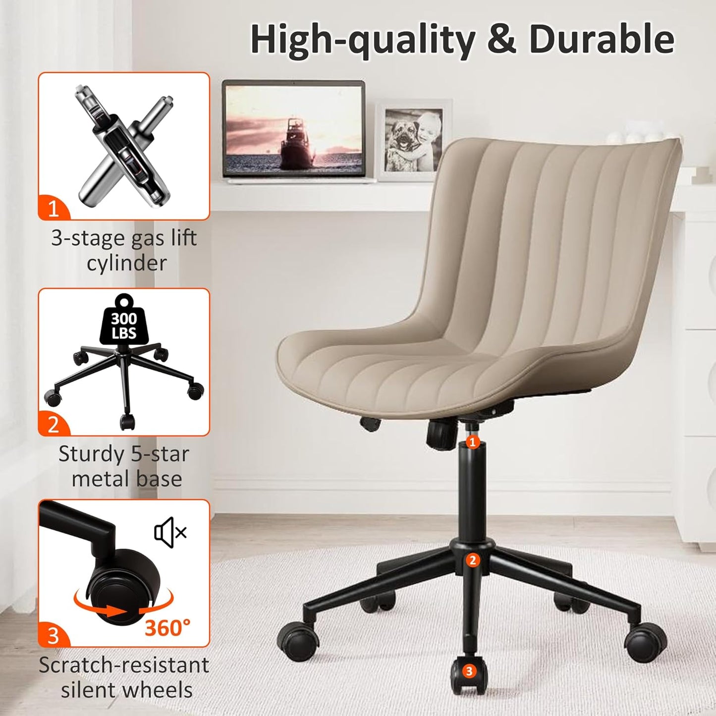 Khaki Leather Home Office Desk Chair with Wheels Modern Cute Armless Executive Swivel Vanity Chair with Comfy Padded Back Ergonomic Rolling Adjustable Computer Task Chair Small