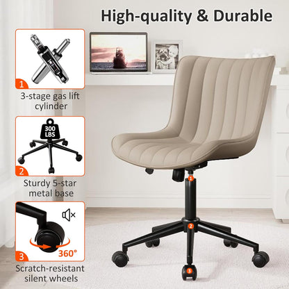 Khaki Leather Home Office Desk Chair with Wheels Modern Cute Armless Executive Swivel Vanity Chair with Comfy Padded Back Ergonomic Rolling Adjustable Computer Task Chair Small