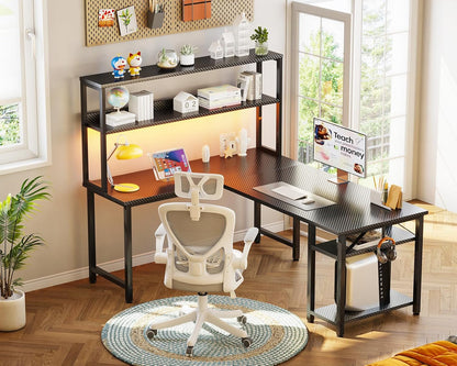 53" L Shaped Gaming Desk with Hutch & Headphone Hook, Corner Computer Table with Storage Shelves for Home Office, Black