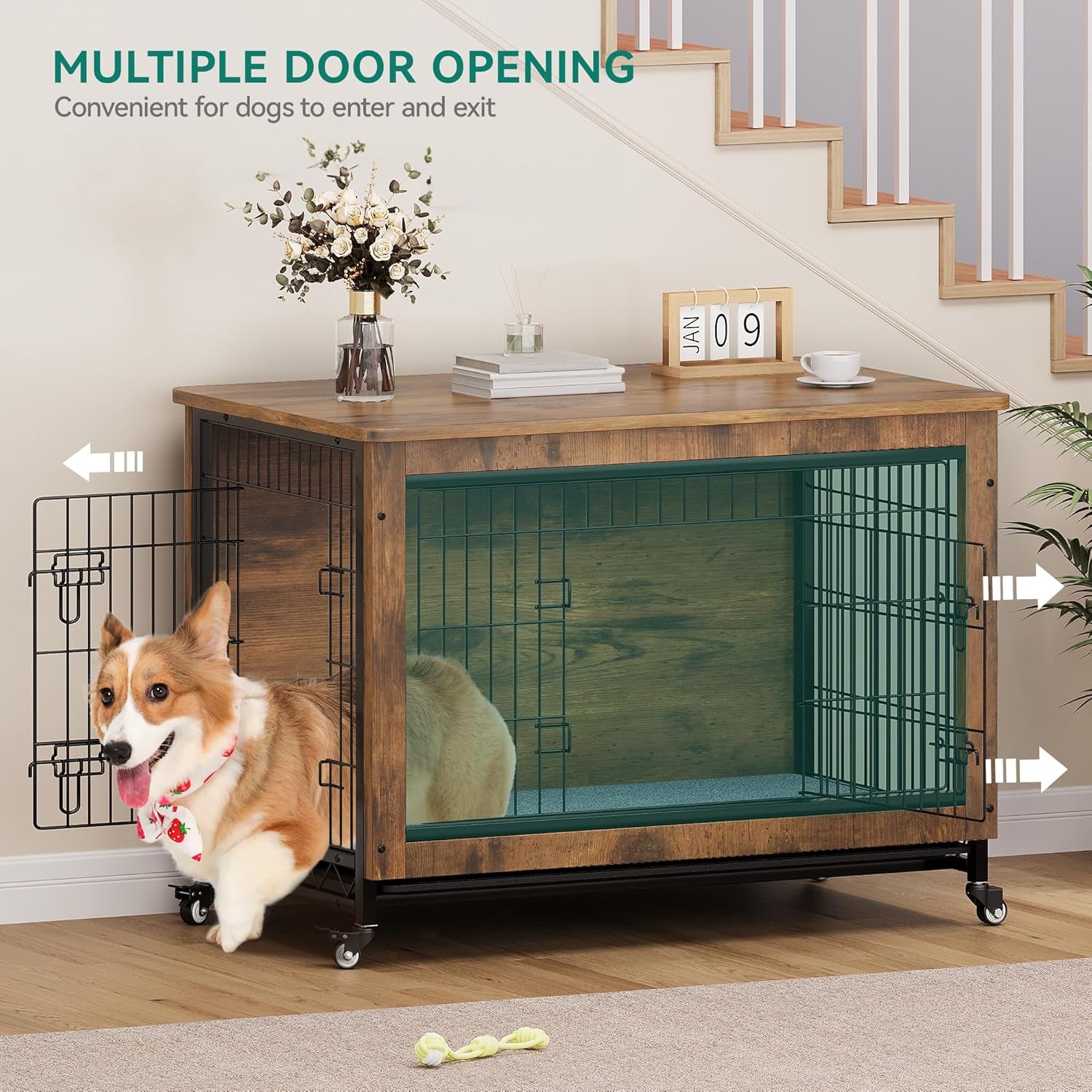 Dog Kennel Furniture with Wheels, Wooden Dog Crate Furniture with Cushion, 38" Dog Crate End Table with Tray for Small/Medium Dog (Rustic Brown)