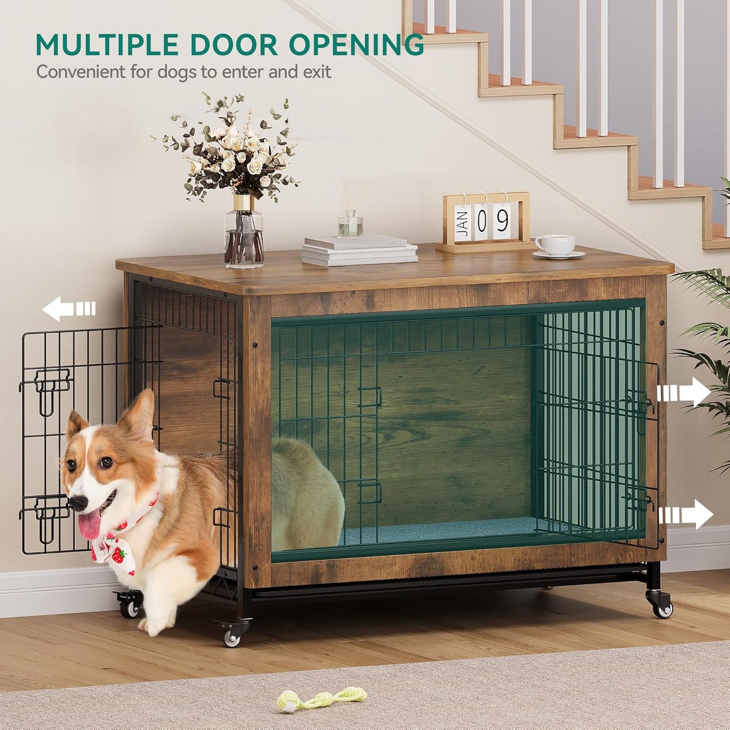 Dog Kennel Furniture with Wheels, Wooden Dog Crate Furniture with Cushion, 38" Dog Crate End Table with Tray for Small/Medium Dog (Gray)