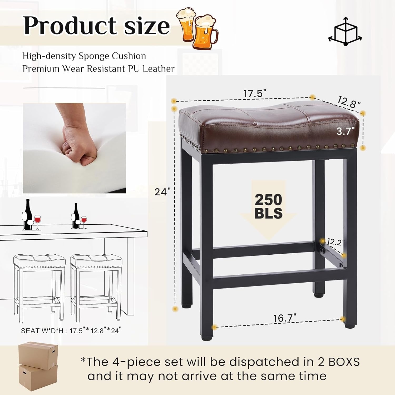 Bar Stools Set of 2, 24 Inch Counter Height Stools, PU Leather Upholstered Bar Chairs with Footrest, Modern Bar Stools for Kitchen Island, Dining, Living Room, Brown