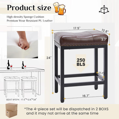 Bar Stools Set of 2, 24 Inch Counter Height Stools, PU Leather Upholstered Bar Chairs with Footrest, Modern Bar Stools for Kitchen Island, Dining, Living Room, Brown