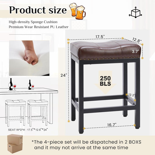 Bar Stools Set of 2, 24 Inch Counter Height Stools, PU Leather Upholstered Bar Chairs with Footrest, Modern Bar Stools for Kitchen Island, Dining, Living Room, Brown