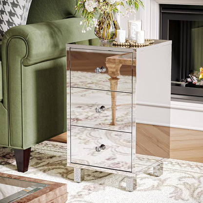Mirror-Look Nightstands Set of 2, Silver Nightstand with 3 Drawers, Night Stand for Bedroom, Faux Mirrored Nightstand, 11.8" W*11.8" D*23.5" H