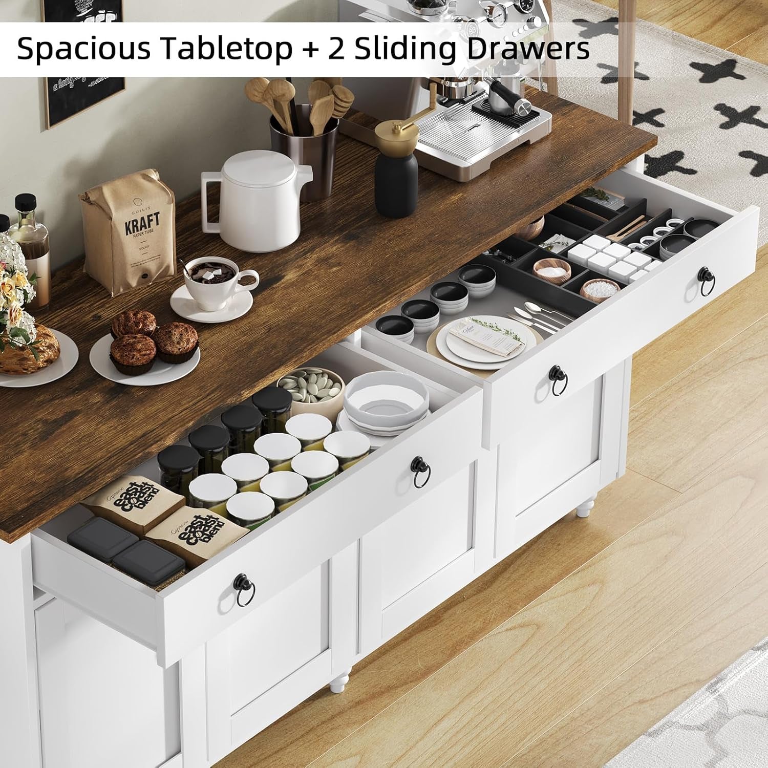 Buffet Cabinet with Storage, 55" Sideboard Buffet Cabinet with 2 Drawers and 4 Doors, Modern Farmhouse Coffee Bar Cabinets, Wood Buffet Table for Kitchen, Dining Room, White