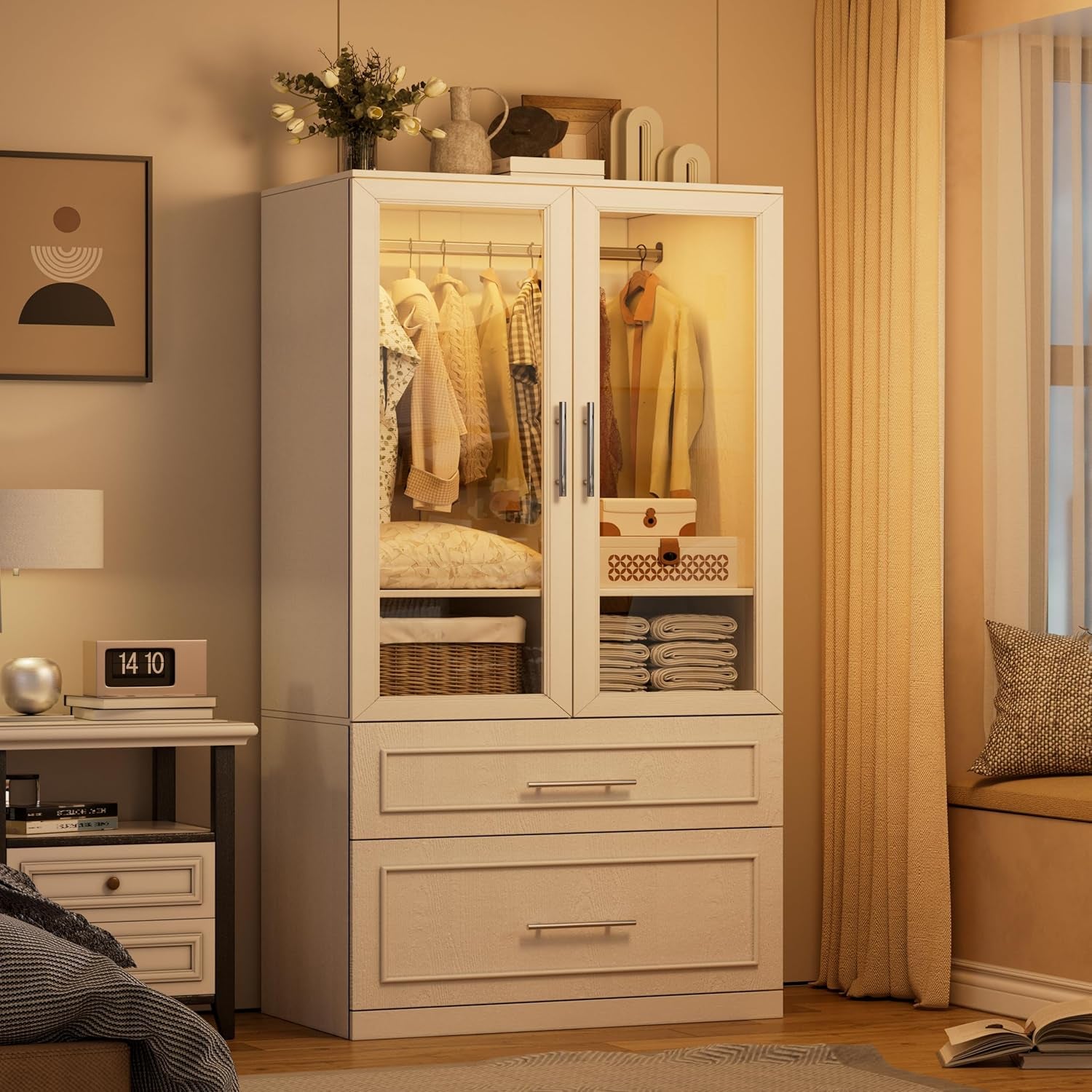 Armoire Wardrobe Closet with Glass Door and Drawers, Bedroom Closet Wardrobe Cabinet with Hanging Rod, Lighted Freestanding Armoire Storage Cabinet for Bedroom Cloakroom White